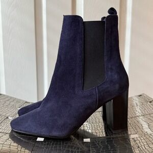 Antonio Le Faria Navy Suede Chelsea Boots Block Heel Ankle Booties 37